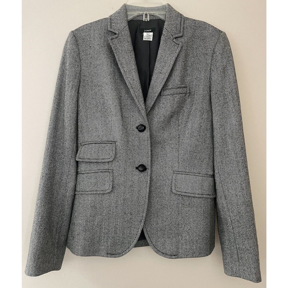 J Crew Blazer Women Size 4 Gray 100% Wool Herringbone Jacket